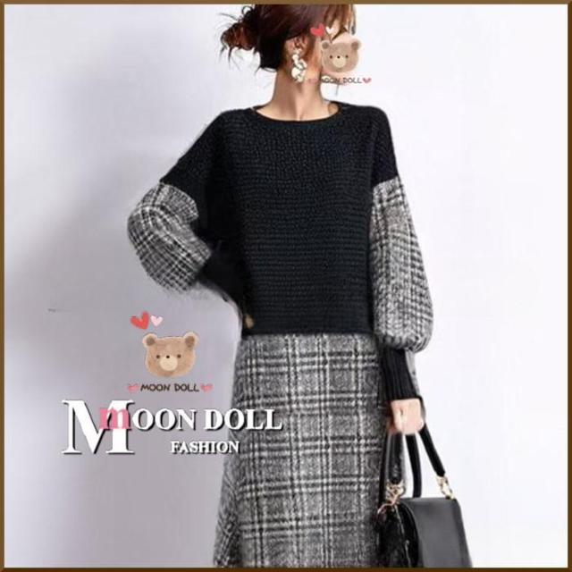 〜3L*ぽわん袖チェック柄切替ワッフル切替ドッキングワンヒ < 女性ファッション 〜3L*ぽわん袖チェック柄切替ワッフル切替ドッキングワンヒ < 女性ファッションの