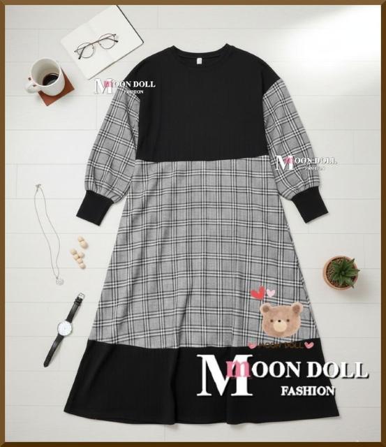 〜3L*ぽわん袖チェック柄切替ワッフル切替ドッキングワンヒ < 女性ファッション 〜3L*ぽわん袖チェック柄切替ワッフル切替ドッキングワンヒ < 女性ファッションの