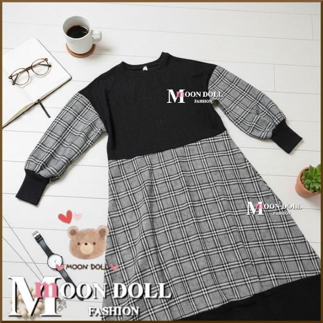 〜3L*ぽわん袖チェック柄切替ワッフル切替ドッキングワンヒ < 女性ファッション 〜3L*ぽわん袖チェック柄切替ワッフル切替ドッキングワンヒ < 女性ファッションの