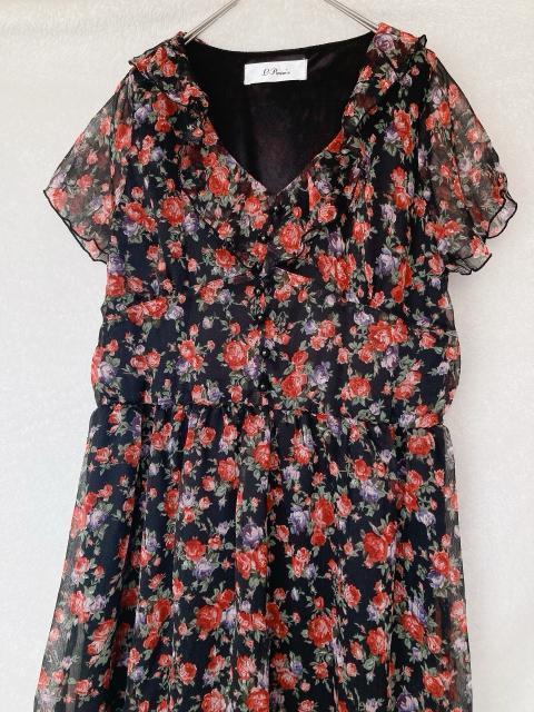 シフォン 花柄 クラシカル 半袖 チュニック ワンピース Vネック フリル襟 M N2m < 女性ファッション シフォン 花柄 クラシカル 半袖 チュニック ワンピース Vネック フリル襟 M N2m < 女性ファッションの