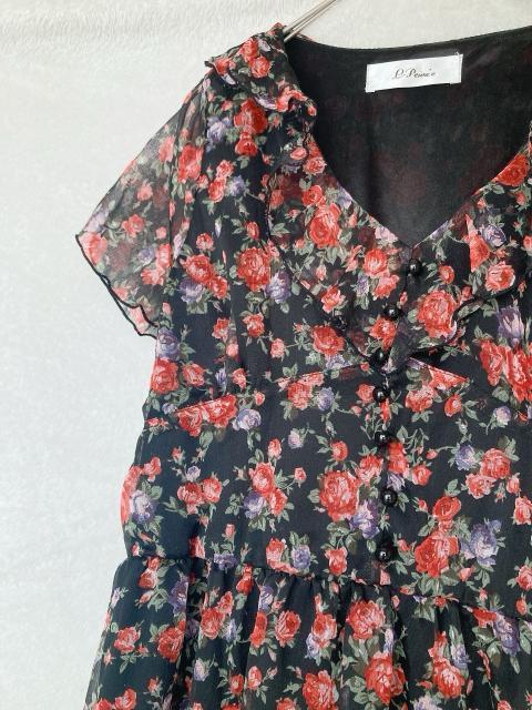 シフォン 花柄 クラシカル 半袖 チュニック ワンピース Vネック フリル襟 M N2m < 女性ファッション シフォン 花柄 クラシカル 半袖 チュニック ワンピース Vネック フリル襟 M N2m < 女性ファッションの