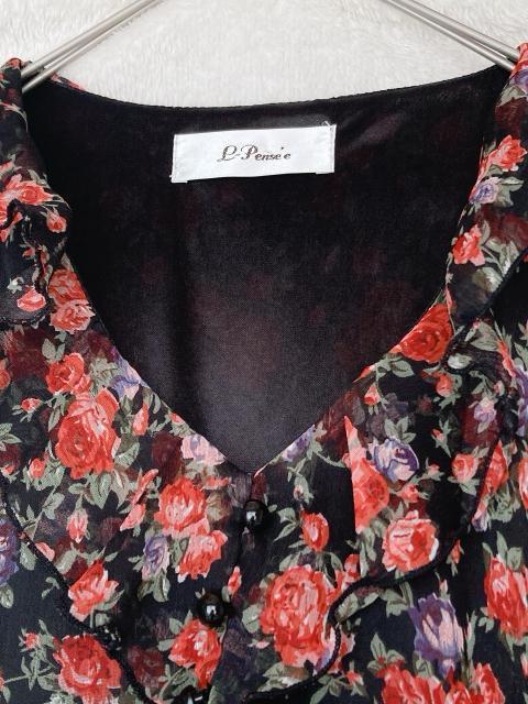 シフォン 花柄 クラシカル 半袖 チュニック ワンピース Vネック フリル襟 M N2m < 女性ファッション シフォン 花柄 クラシカル 半袖 チュニック ワンピース Vネック フリル襟 M N2m < 女性ファッションの