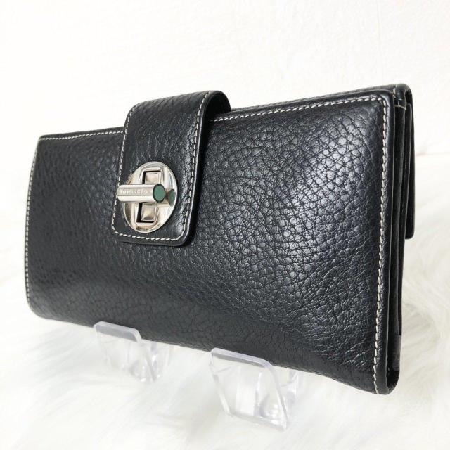 【良品】ティファニー 長財布 二つ折り財布 ターンロック ティファニーブルー ブラック 黒 レザー < ブランド  【良品】ティファニー 長財布 二つ折り財布 ターンロック ティファニーブルー ブラック 黒 レザー  < ブランドの