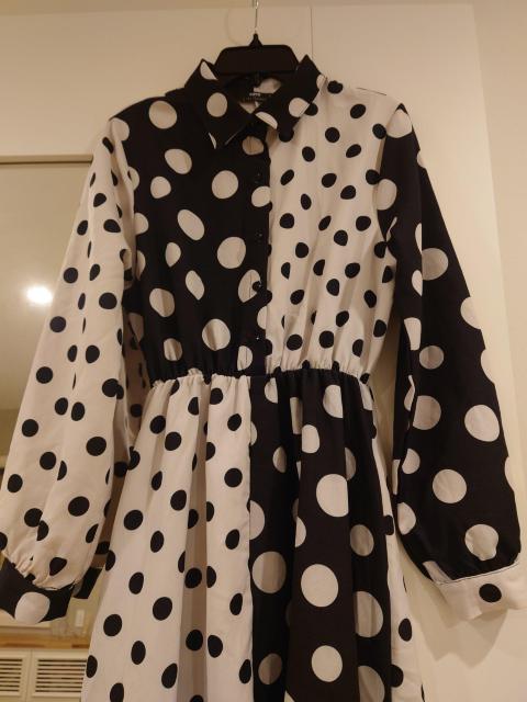 白黒ドット柄 シャツワンピース 長袖 Мサイズ < 女性ファッション  白黒ドット柄 シャツワンピース 長袖 Мサイズ < 女性ファッションの