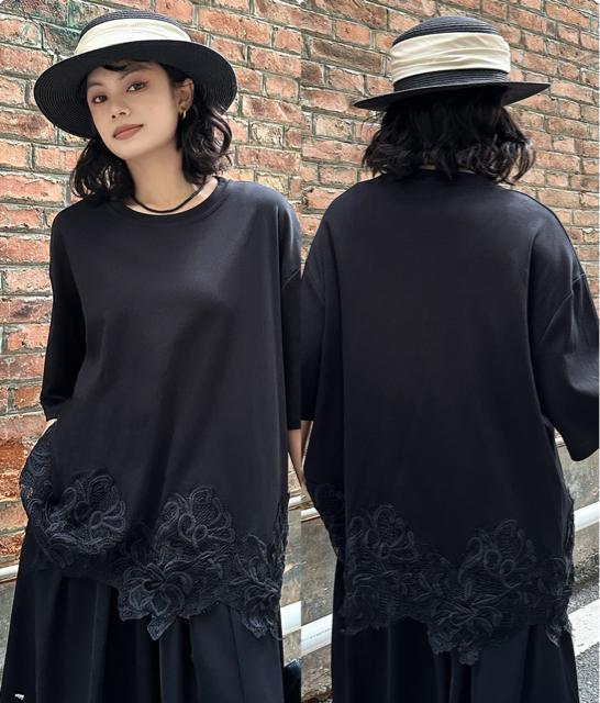 裾花柄レース切り替え チュニック  ロングtシャツ  カットソー  大きいサイズ < 女性ファッション  裾花柄レース切り替え チュニック  ロングtシャツ  カットソー  大きいサイズ  < 女性ファッションの