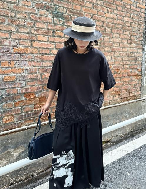 裾花柄レース切り替え チュニック  ロングtシャツ  カットソー  大きいサイズ < 女性ファッション  裾花柄レース切り替え チュニック  ロングtシャツ  カットソー  大きいサイズ < 女性ファッションの
