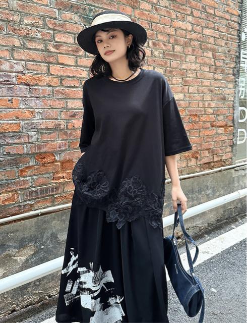 裾花柄レース切り替え チュニック  ロングtシャツ  カットソー  大きいサイズ < 女性ファッション  裾花柄レース切り替え チュニック  ロングtシャツ  カットソー  大きいサイズ < 女性ファッションの