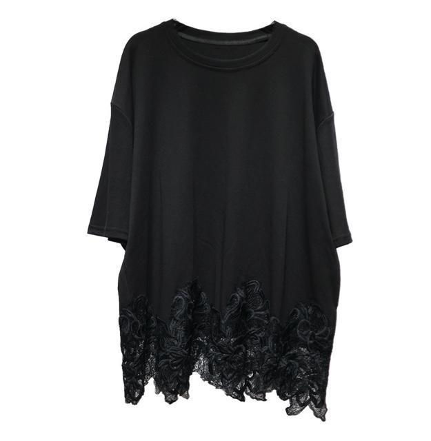 裾花柄レース切り替え チュニック  ロングtシャツ  カットソー  大きいサイズ < 女性ファッション  裾花柄レース切り替え チュニック  ロングtシャツ  カットソー  大きいサイズ < 女性ファッションの