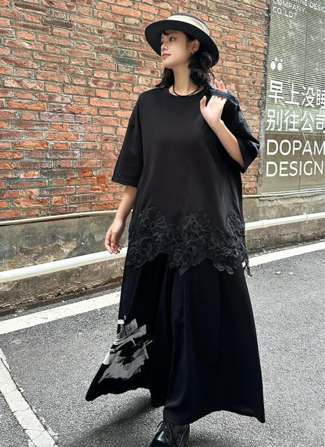 裾花柄レース切り替え チュニック  ロングtシャツ  カットソー  大きいサイズ < 女性ファッション  裾花柄レース切り替え チュニック  ロングtシャツ  カットソー  大きいサイズ < 女性ファッションの