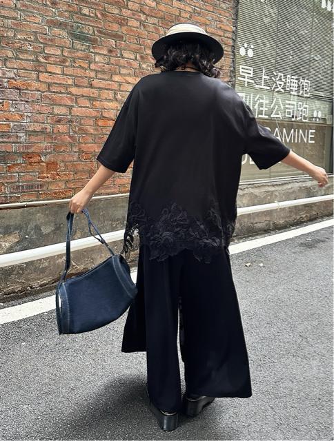 裾花柄レース切り替え チュニック  ロングtシャツ  カットソー  大きいサイズ < 女性ファッション  裾花柄レース切り替え チュニック  ロングtシャツ  カットソー  大きいサイズ < 女性ファッションの