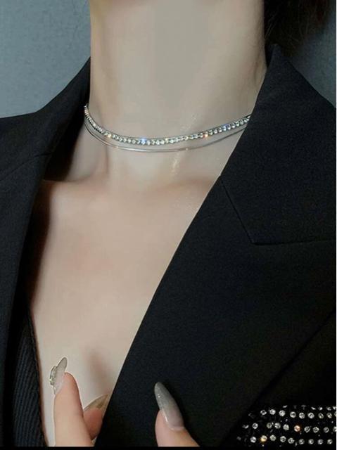 華奢魅せ●2連ビジュー スネークチェーンネックレス●シルバー●チョーカーネックレス スネークネックレス < 女性アクセサリー/時計  華奢魅せ●2連ビジュー スネークチェーンネックレス●シルバー●チョーカーネックレス スネークネックレス < 女性アクセサリー/時計の