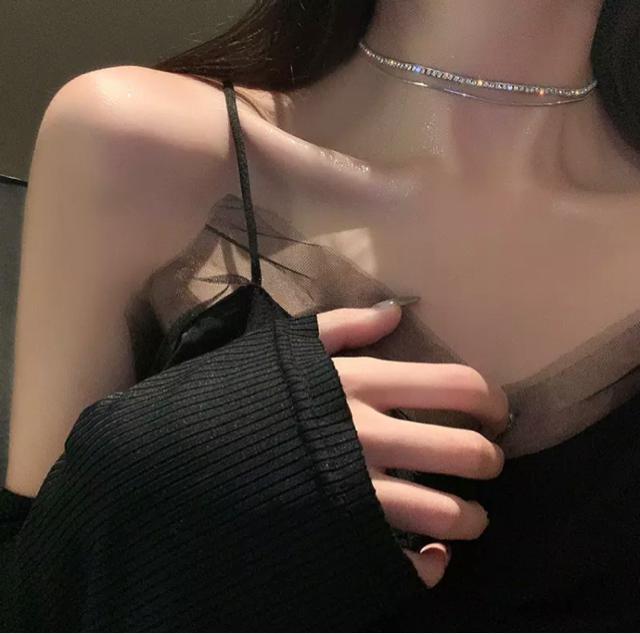 華奢魅せ●2連ビジュー スネークチェーンネックレス●シルバー●チョーカーネックレス スネークネックレス < 女性アクセサリー/時計  華奢魅せ●2連ビジュー スネークチェーンネックレス●シルバー●チョーカーネックレス スネークネックレス < 女性アクセサリー/時計の