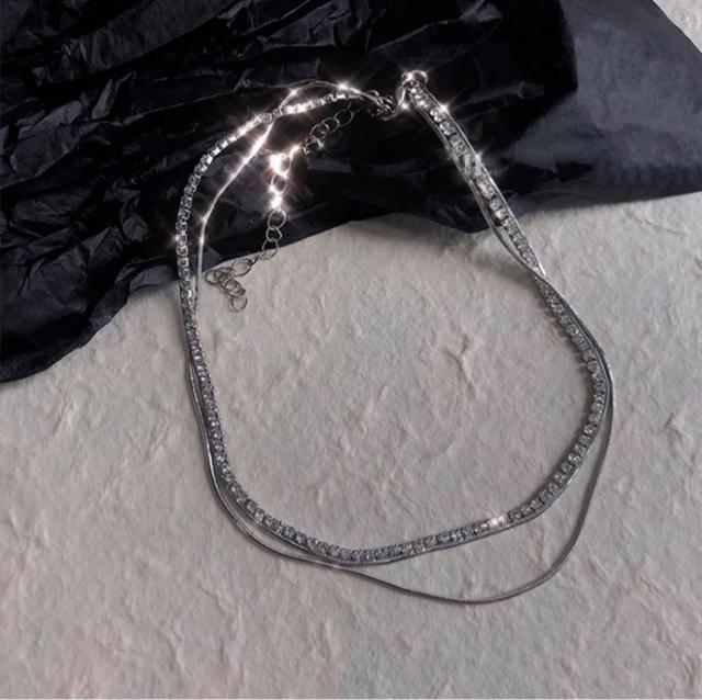 華奢魅せ●2連ビジュー スネークチェーンネックレス●シルバー●チョーカーネックレス スネークネックレス < 女性アクセサリー/時計  華奢魅せ●2連ビジュー スネークチェーンネックレス●シルバー●チョーカーネックレス スネークネックレス < 女性アクセサリー/時計の