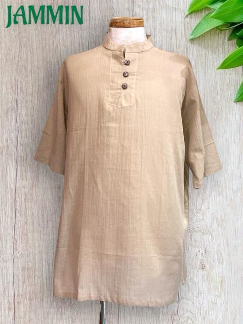 ココナッツボタン付きクルタ サンドベージュ アジアン エスニック 半袖 ゆったりめ < 男性ファッション  ココナッツボタン付きクルタ サンドベージュ アジアン エスニック 半袖 ゆったりめ  < 男性ファッションの