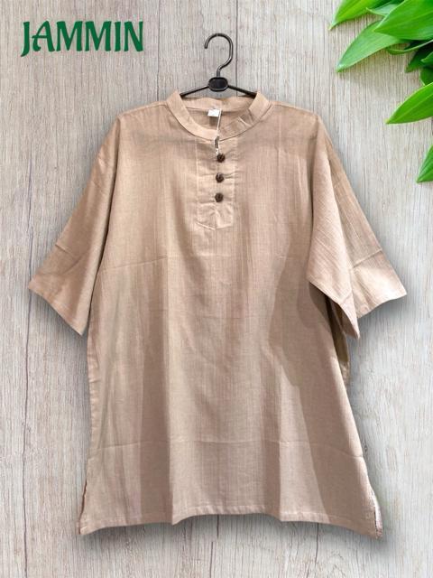 ココナッツボタン付きクルタ サンドベージュ アジアン エスニック 半袖 ゆったりめ < 男性ファッション  ココナッツボタン付きクルタ サンドベージュ アジアン エスニック 半袖 ゆったりめ < 男性ファッションの