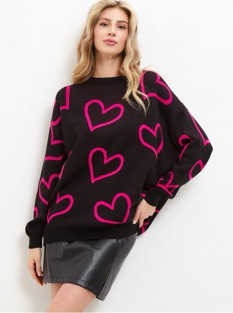 ニット セーター ハート柄 ゆったり ロング丈 ブラック 大きいサイズ < 女性ファッション  ニット セーター ハート柄 ゆったり ロング丈 ブラック 大きいサイズ  < 女性ファッションの