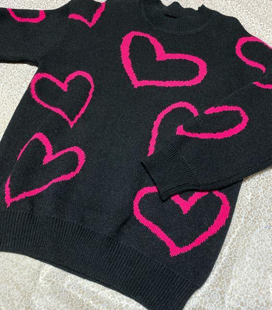 ニット セーター ハート柄 ゆったり ロング丈 ブラック 大きいサイズ < 女性ファッション  ニット セーター ハート柄 ゆったり ロング丈 ブラック 大きいサイズ < 女性ファッションの