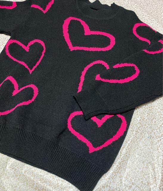 ニット セーター ハート柄 ゆったり ロング丈 ブラック 大きいサイズ < 女性ファッション  ニット セーター ハート柄 ゆったり ロング丈 ブラック 大きいサイズ < 女性ファッションの