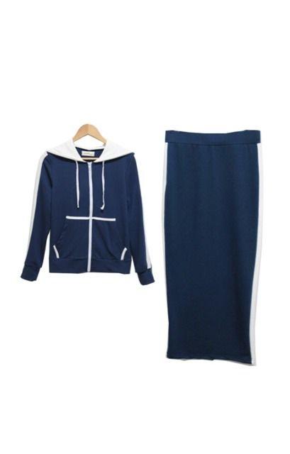 ネイビー白ラインセットアップフードジャージロングスカート < 女性ファッション ネイビー白ラインセットアップフードジャージロングスカート < 女性ファッションの