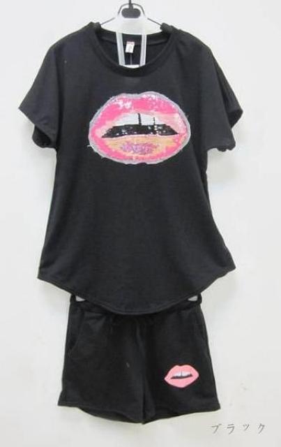 ★NEW★リップスパンコール★半袖・半パン上下セット★BK < 女性ファッション  ★NEW★リップスパンコール★半袖・半パン上下セット★BK < 女性ファッションの