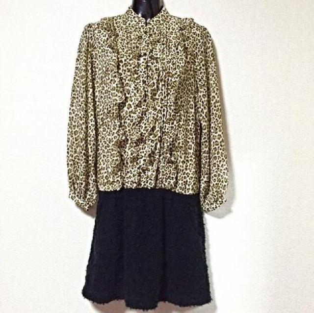 レオパ柄シフォンブラウス×プードルニット異素材コンビワンピ < 女性ファッション  レオパ柄シフォンブラウス×プードルニット異素材コンビワンピ < 女性ファッションの