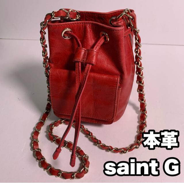 saintG 本革 赤 巾着型 チェーンバッグ ショルダーバッグ ゴールド金具 ミニバッグ < 女性ファッション saintG 本革 赤 巾着型 チェーンバッグ ショルダーバッグ ゴールド金具 ミニバッグ < 女性ファッションの