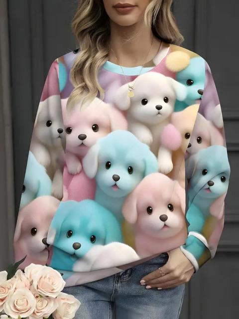 爆ヤス価格2290円★子犬プリントプルオーバースウェットシャツ、秋冬用長袖クルーネックスウェット (日本サイズXL相当) < 女性ファッション  爆ヤス価格2290円★子犬プリントプルオーバースウェットシャツ、秋冬用長袖クルーネックスウェット (日本サイズXL相当)  < 女性ファッションの