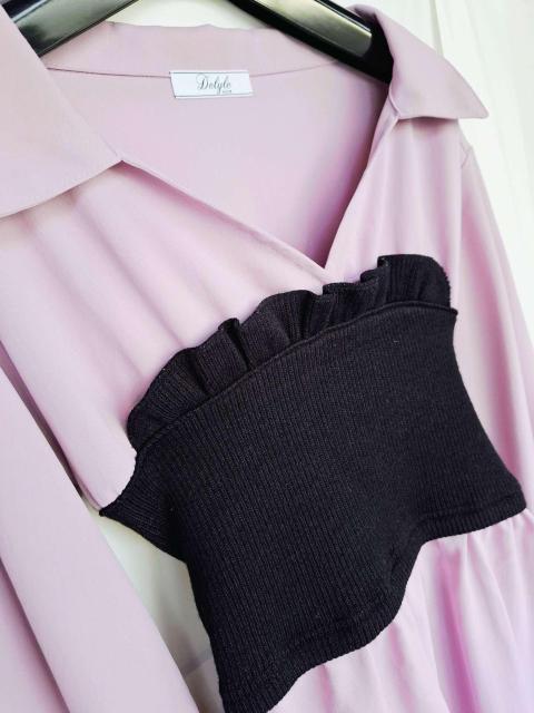 韓国っぽミイン*オンニ風☆Delyle NOIR☆胸元開SEXYリブニットビスチェ付ドッキングぽわん袖レイヤードブラウス伸縮*M < ブランド 韓国っぽミイン*オンニ風☆Delyle NOIR☆胸元開SEXYリブニットビスチェ付ドッキングぽわん袖レイヤードブラウス伸縮*M < ブランドの