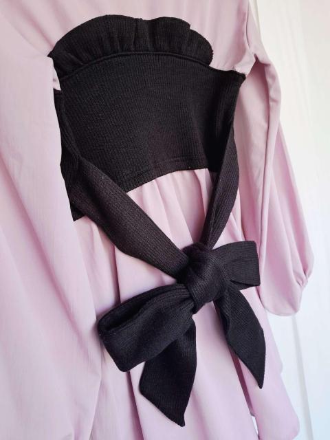 韓国っぽミイン*オンニ風☆Delyle NOIR☆胸元開SEXYリブニットビスチェ付ドッキングぽわん袖レイヤードブラウス伸縮*M < ブランド 韓国っぽミイン*オンニ風☆Delyle NOIR☆胸元開SEXYリブニットビスチェ付ドッキングぽわん袖レイヤードブラウス伸縮*M < ブランドの