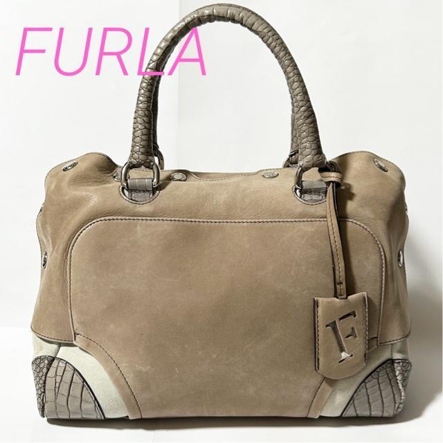 FURLA フルラ ハンドバッグ ベージュ スエード エンボスレザー クロコ型押し レディース < ブランド FURLA フルラ ハンドバッグ ベージュ スエード エンボスレザー クロコ型押し レディース < ブランドの