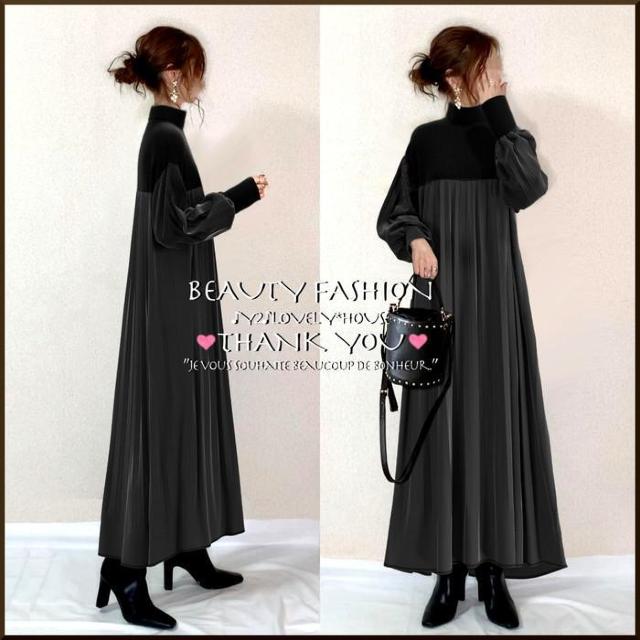 〜3L4L*ハイネック異素材プリーツロングワンピース*黒 < 女性ファッション  〜3L4L*ハイネック異素材プリーツロングワンピース*黒 < 女性ファッションの