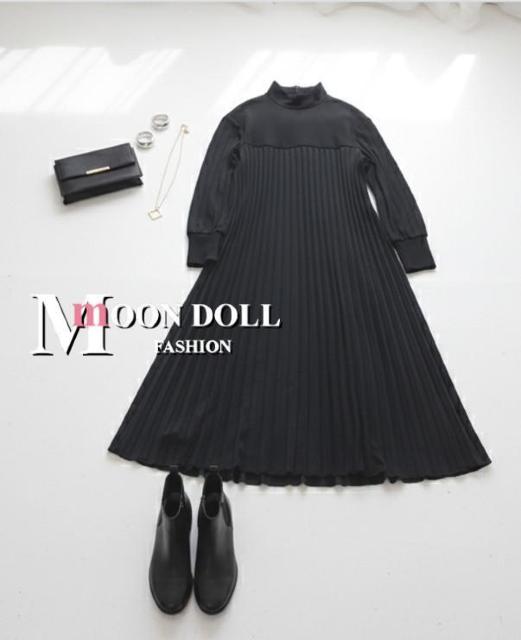 〜3L4L*ハイネック異素材プリーツロングワンピース*黒 < 女性ファッション  〜3L4L*ハイネック異素材プリーツロングワンピース*黒 < 女性ファッションの