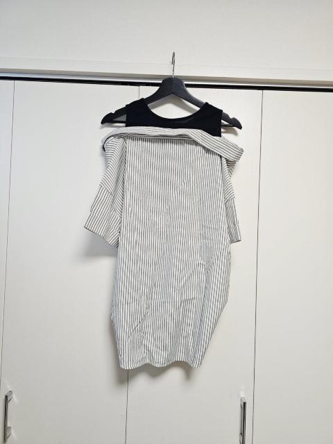 Radarista タンクトップ重ね着風 ストライプ オフショルダー シャツ M < 女性ファッション Radarista タンクトップ重ね着風 ストライプ オフショルダー シャツ M < 女性ファッションの