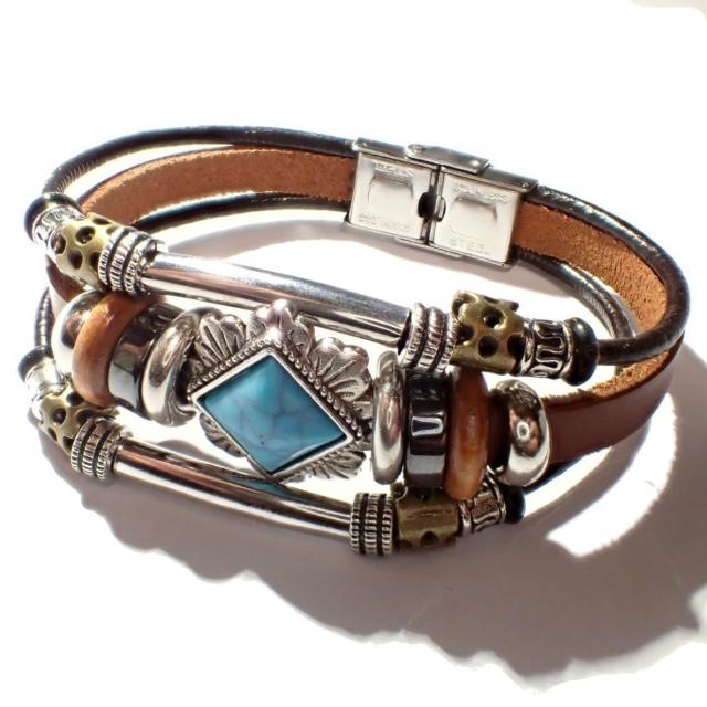 三連 ひし形 ターコイズブルー レザーブレスレット ブレスレット ブレス インディアン 茶色 < 男性アクセサリー/時計 三連 ひし形 ターコイズブルー レザーブレスレット ブレスレット ブレス インディアン 茶色 < 男性アクセサリー/時計の