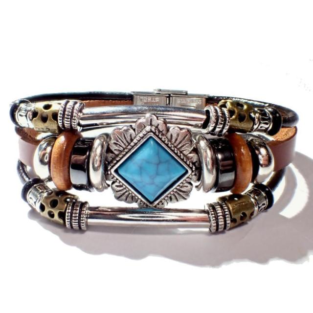 三連 ひし形 ターコイズブルー レザーブレスレット ブレスレット ブレス インディアン 茶色 < 男性アクセサリー/時計 三連 ひし形 ターコイズブルー レザーブレスレット ブレスレット ブレス インディアン 茶色 < 男性アクセサリー/時計の
