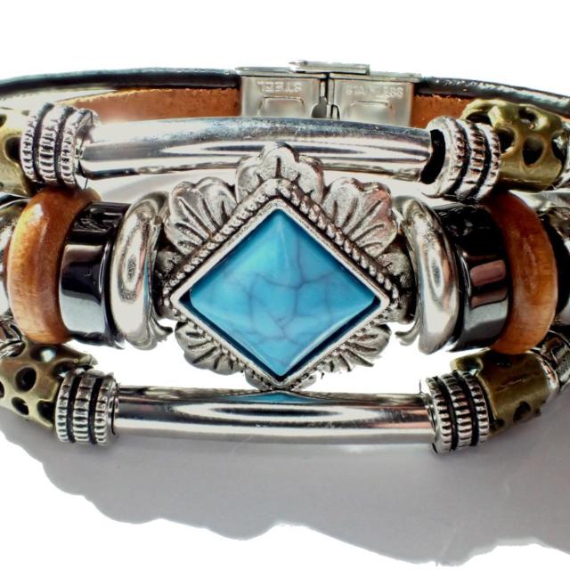 三連 ひし形 ターコイズブルー レザーブレスレット ブレスレット ブレス インディアン 茶色 < 男性アクセサリー/時計 三連 ひし形 ターコイズブルー レザーブレスレット ブレスレット ブレス インディアン 茶色 < 男性アクセサリー/時計の