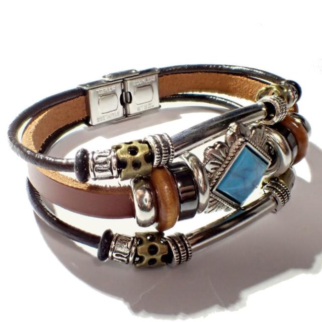 三連 ひし形 ターコイズブルー レザーブレスレット ブレスレット ブレス インディアン 茶色 < 男性アクセサリー/時計 三連 ひし形 ターコイズブルー レザーブレスレット ブレスレット ブレス インディアン 茶色 < 男性アクセサリー/時計の