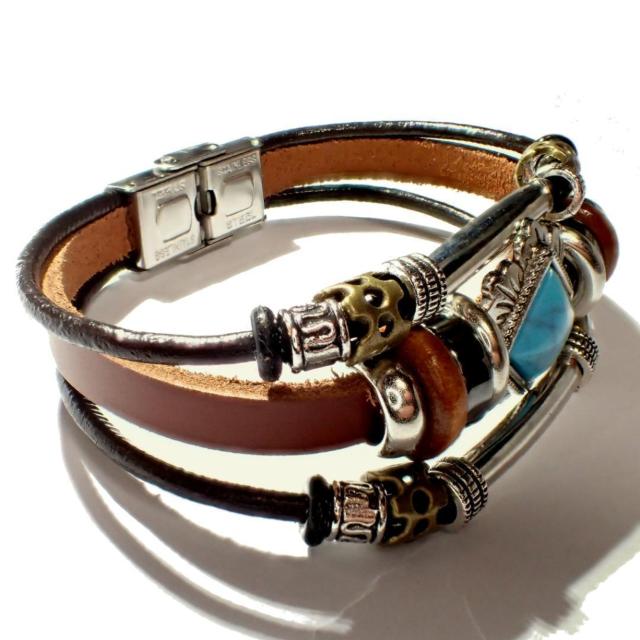 三連 ひし形 ターコイズブルー レザーブレスレット ブレスレット ブレス インディアン 茶色 < 男性アクセサリー/時計 三連 ひし形 ターコイズブルー レザーブレスレット ブレスレット ブレス インディアン 茶色 < 男性アクセサリー/時計の