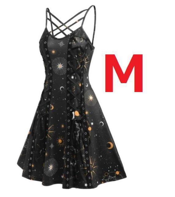 新品 M サイズ ゴシック編み上げ夜空星座ドレスワンピース < 女性ファッション 新品 M サイズ ゴシック編み上げ夜空星座ドレスワンピース < 女性ファッションの