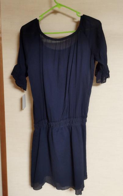 紺 黒 クレープ地 レース チュニック パフスリーブ ワンピース ローウエスト 新品 M < 女性ファッション  紺 黒 クレープ地 レース チュニック パフスリーブ ワンピース ローウエスト 新品 M < 女性ファッションの