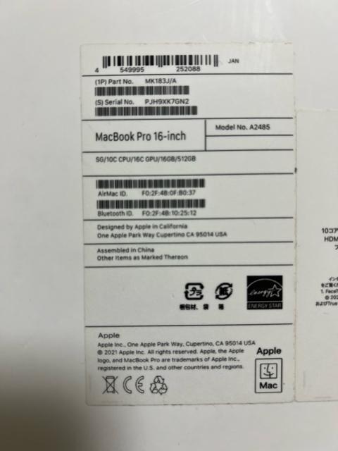 MacBookPro M1 16C`@2021 16@512GB SSD [d19