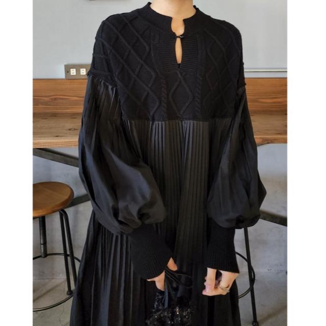 ニット切り替え ロング丈 プリーツ ワンピース バルーン袖 ブラック 大きいサイズ < 女性ファッション ニット切り替え ロング丈 プリーツ ワンピース バルーン袖 ブラック 大きいサイズ < 女性ファッションの