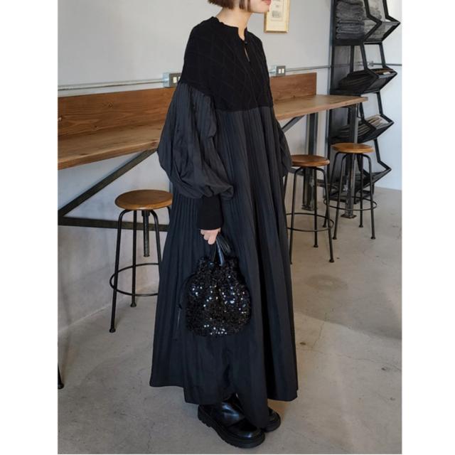 ニット切り替え ロング丈 プリーツ ワンピース バルーン袖 ブラック 大きいサイズ < 女性ファッション ニット切り替え ロング丈 プリーツ ワンピース バルーン袖 ブラック 大きいサイズ < 女性ファッションの