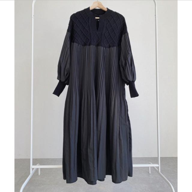 ニット切り替え ロング丈 プリーツ ワンピース バルーン袖 ブラック 大きいサイズ < 女性ファッション ニット切り替え ロング丈 プリーツ ワンピース バルーン袖 ブラック 大きいサイズ < 女性ファッションの