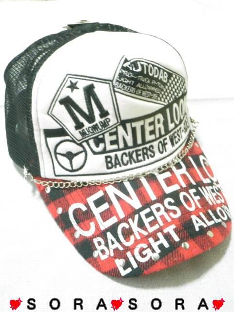 チェーン付♪黒ブラック×赤レッドチェック柄 ロゴ刺繍スタッズメッシュキャップ < 男性ファッション チェーン付♪黒ブラック×赤レッドチェック柄 ロゴ刺繍スタッズメッシュキャップ < 男性ファッションの