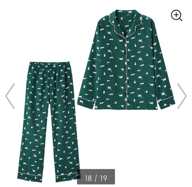 GU・猫リボンキャット柄ダークグリーンサテン長袖パジャマ < ブランド GU・猫リボンキャット柄ダークグリーンサテン長袖パジャマ < ブランドの