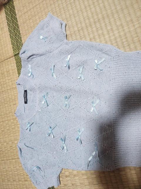 新品 ブルー半袖ニット  リボン スパンコール サイズ→M < 女性ファッション  新品 ブルー半袖ニット  リボン スパンコール サイズ→M  < 女性ファッションの