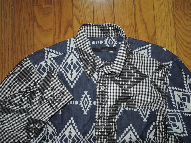 ソフネット SOPHNET. ネイティブ柄 デニムシャツ S黒青バンダナ柄NATIVE PATTERN MIX B.D SHIRT < ブランド  ソフネット SOPHNET. ネイティブ柄 デニムシャツ S黒青バンダナ柄NATIVE PATTERN MIX B.D SHIRT < ブランドの