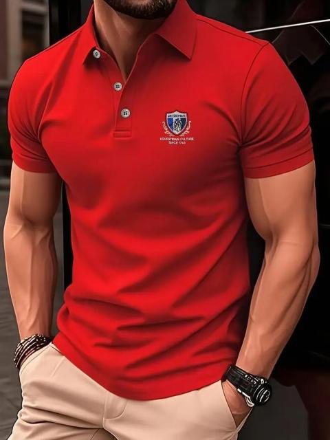 爆ヤス価格1490円★メンズシャツ エレガントプレイヤーエンブレム&デザイナーテキスト半袖 USAサイズM(日本サイズXL相当)赤 < 男性ファッション  爆ヤス価格1490円★メンズシャツ エレガントプレイヤーエンブレム&デザイナーテキスト半袖 USAサイズM(日本サイズXL相当)赤 < 男性ファッションの