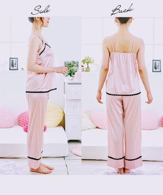 LLサイズ光沢ツルツル素材キュートに可愛いキャミソール&ロングパンツ上下ルームウェア!セット < 女性ファッション  LLサイズ光沢ツルツル素材キュートに可愛いキャミソール&ロングパンツ上下ルームウェア!セット < 女性ファッションの